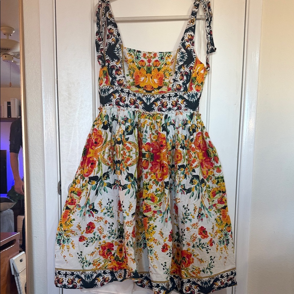 ANTONIO MELANI White Floral Midi Dress with Yellow & Orange Blooms